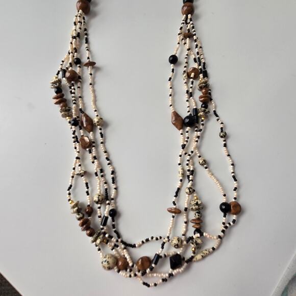 Vintage African Safari Style Multi Strand Beaded Necklace Black Brown White - Picture 5 of 9